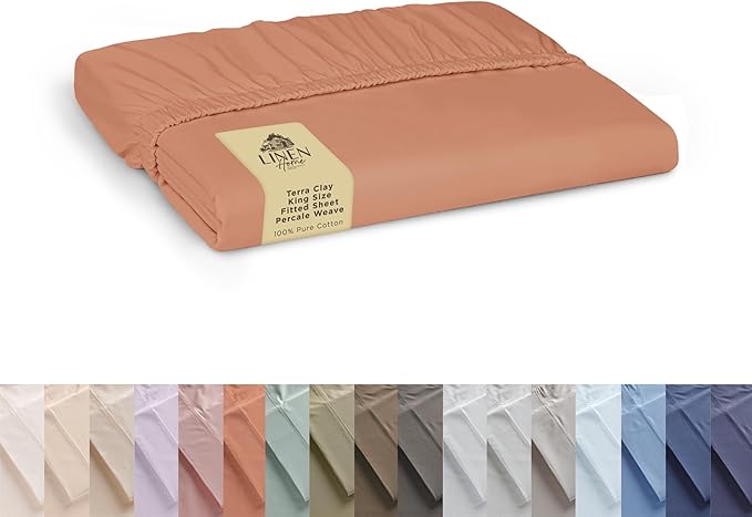 Linen Home 100% Cotton Percale Weave Fitted Sheet, King Size, Tera Clay, 1 Deep Pocket Fitted Sheet, Fits Mattress Upto 16" Crisp and Cool Strong Bed Linen, 78"X80"+15"