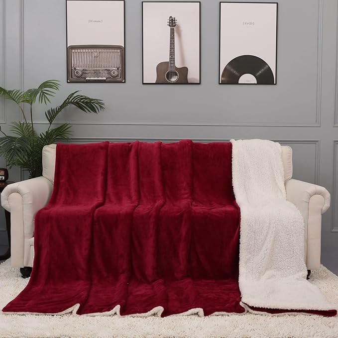 NANPIPER King Size Sherpa Blanket, Soft Fleece Throw for Bed, Reversible Thick Fuzzy Blanket for Winter (Wine Red, 90x108 inches)