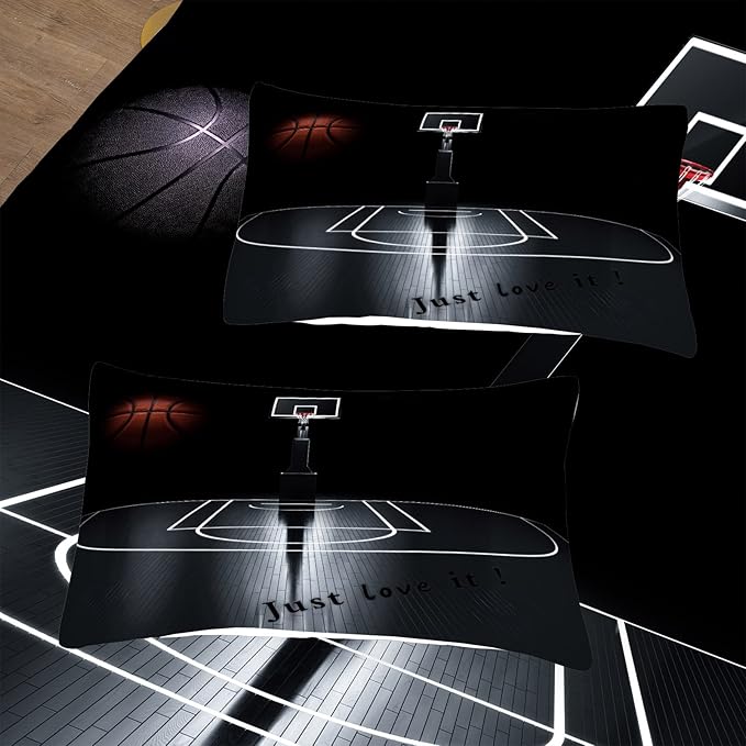 Tailor Shop Sports Basketball Comforter Set for Boys Teens Men Black Basketball Court Comforter Basketball Quilt Bedding Set Soft Lightweight Microfiber Full Size with 1 Comforter 2 Pillowcases…