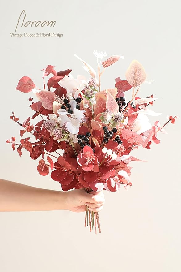 Floroom Artificial Greenery Stems Box Set, 30pcs with 7 Kinds of Faux Greenery Flowers Picks for DIY Bridal Bouquets Wedding Floral Arrangement Table Centerpieces, Burgundy & White