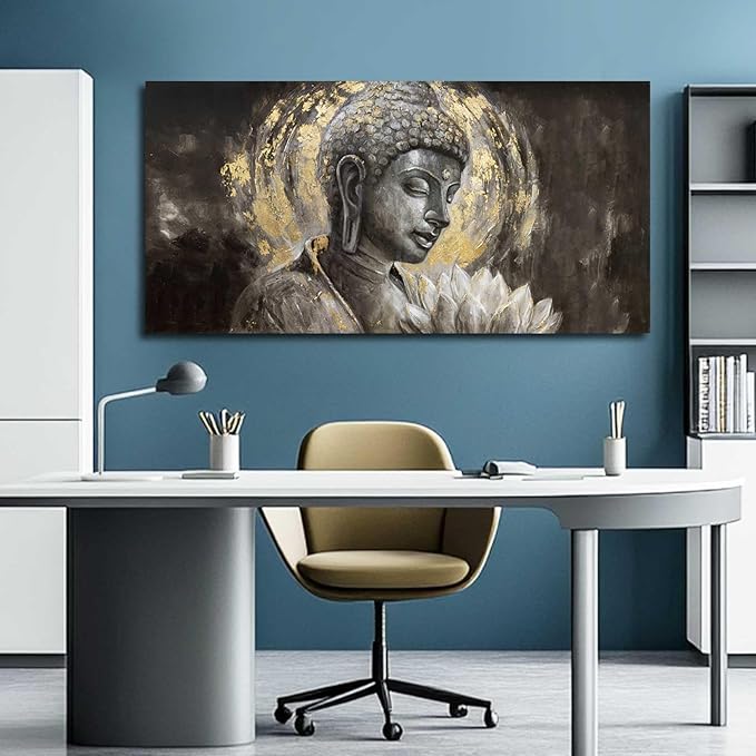 MLART99 Buddha Canvas Wall Decor White Lotus Painting Wall Art Gold and Grey Picture Prints Zen Art for Dining Room Modern Artwork 24x48 Inch