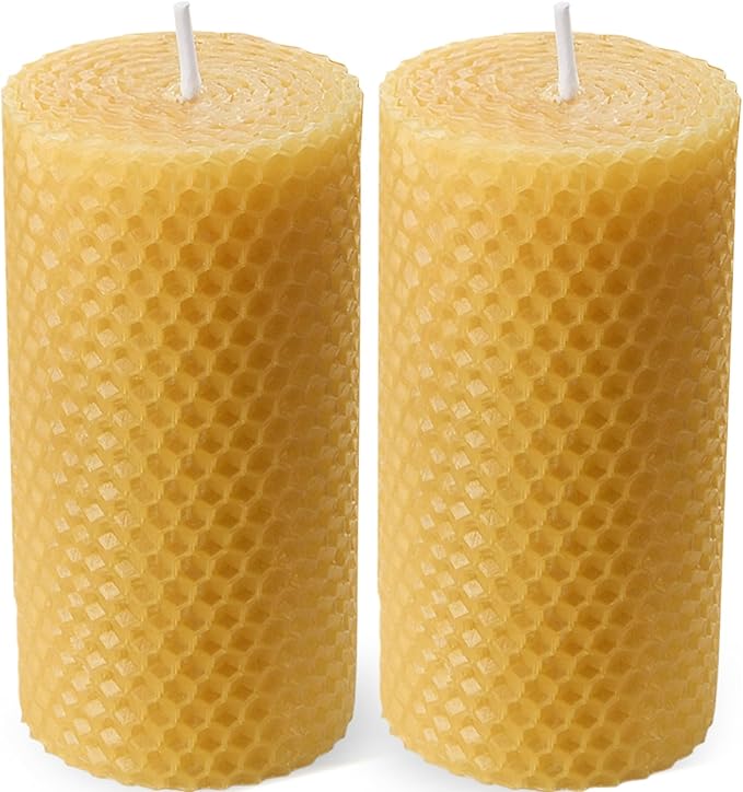 Drippless Beeswax Pillar Candle - Set of 2 - Hand Rolled Pure Natural Beeswax Candles 2 x 4 inch, Honeycomb Surface - Great for Home Decor, Best Choice for Mother Father or Sister Gift - Yellow