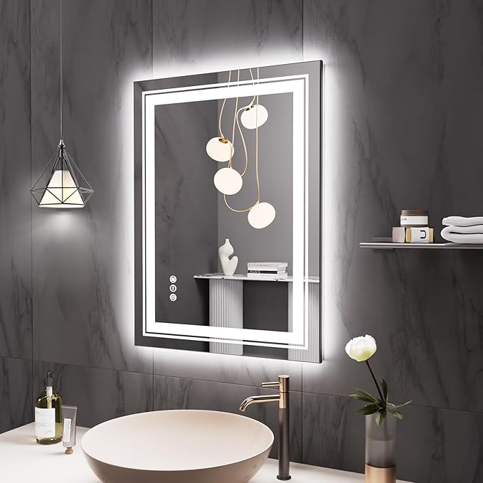 28" x 20" LED Bathroom Mirror with Lights, Front and Backlit Mirror, Anti-Fog Lighted Vanity Mirror, Stepless Dimmable, 3 Colors LED Mirror (Horizontal/Vertical)