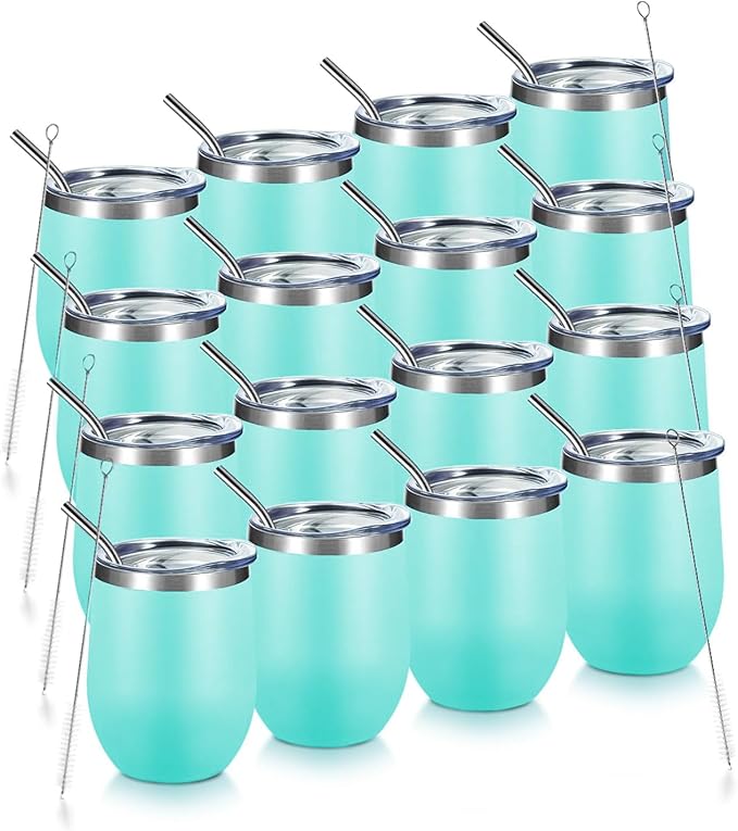 COMOOO 16 Pack Stainless Steel Wine Tumbler with Lid and Straw 12oz Double Wall Vacuum Insulated Travel Tumbler Cup for Hot and Cold Drinks, Coffee, Wine, Cocktails, Ice Cream Cup, Blue