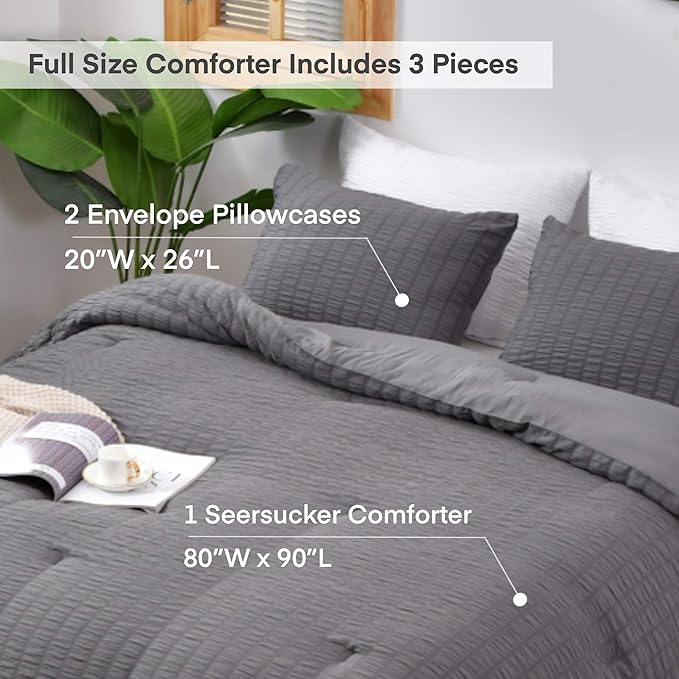 AveLom Seersucker Full Comforter Set (80x90 inches), 3 Pieces - 100% Soft Washed Microfiber Lightweight Comforter with 2 Pillowcases, All Season Down Alternative Comforter Set for Bedding, Gray