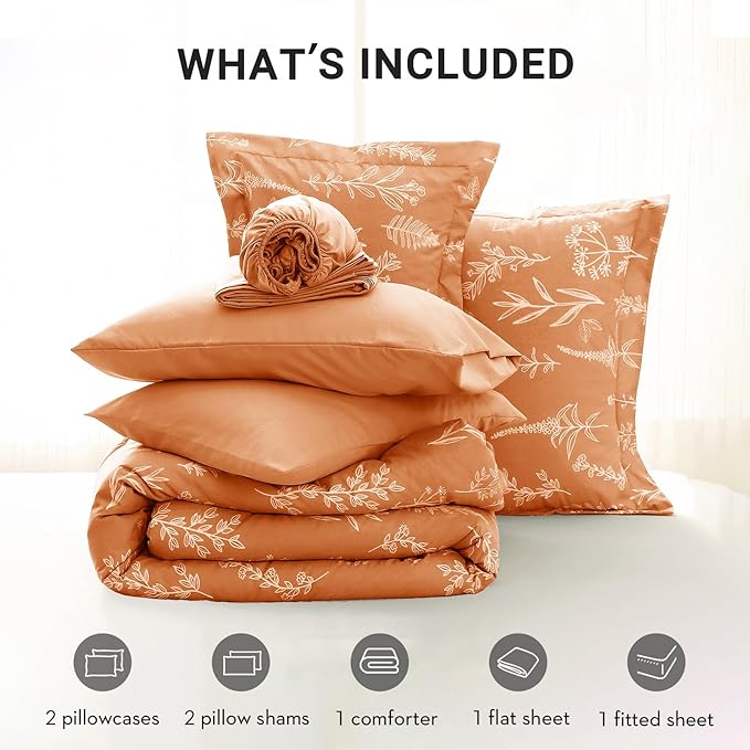 MUXHOMO Burnt Orange Bed in a Bag King 7 Pieces, King Comforter Set Reversible Botanical Flowers Design, Ultra Soft & Breathable Bedding Sets with Comforter, Sheets, Pillowcases & Shams