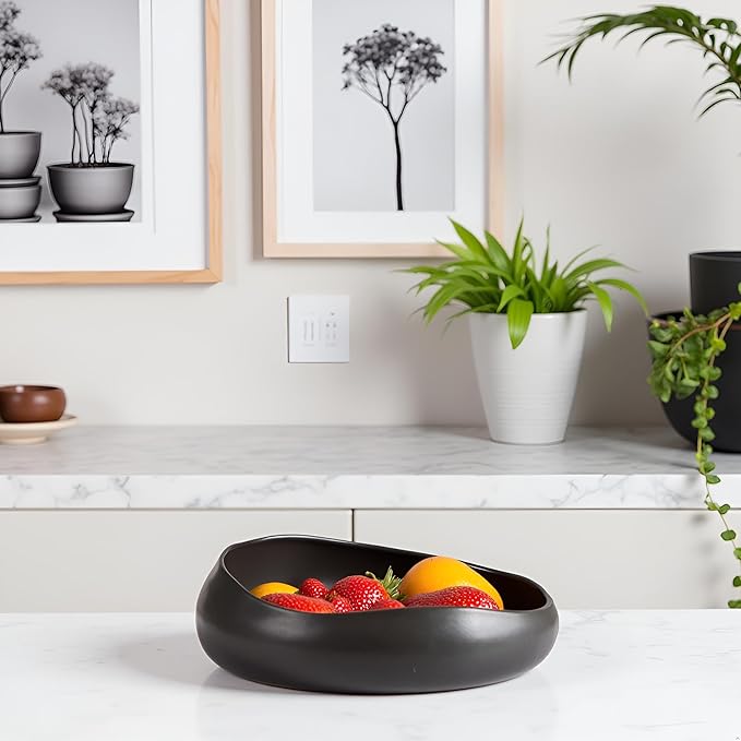 Decorative Bowl Handmade Reactive Glaze Stonewre Fruit Bowl for Kitchen Counter Ceramic Bowl Dining Room Table Centerpiecekey for Entryway Table|Dishwasher & Microwave Safe 8"(Black)