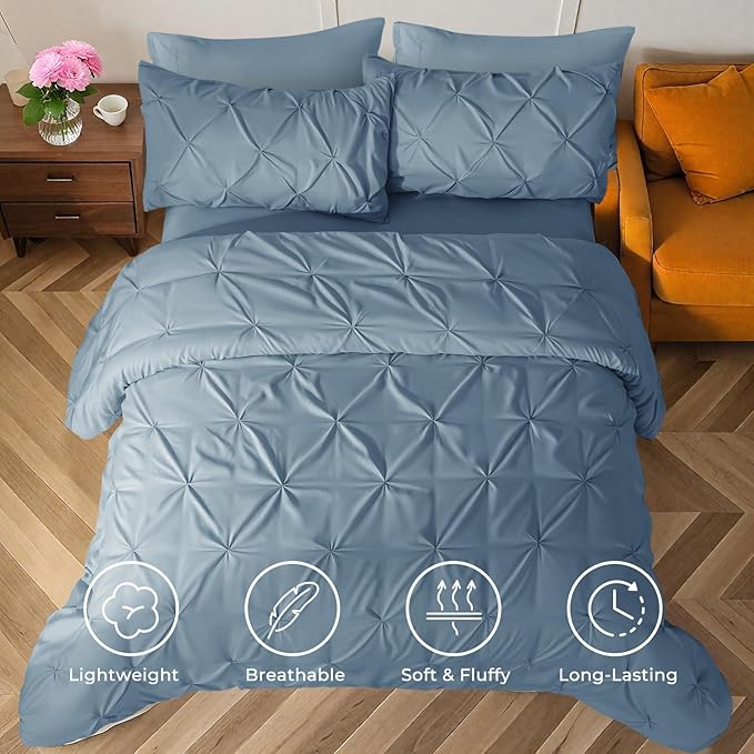 Sasttie King Size Comforter Set, 7-Piece Bed in a Bag, Pintuck Bedding Set for All Season, Includes Comforter, Flat Sheet, Fitted Sheet, Pillowcases and Pillowshams, Slate Blue