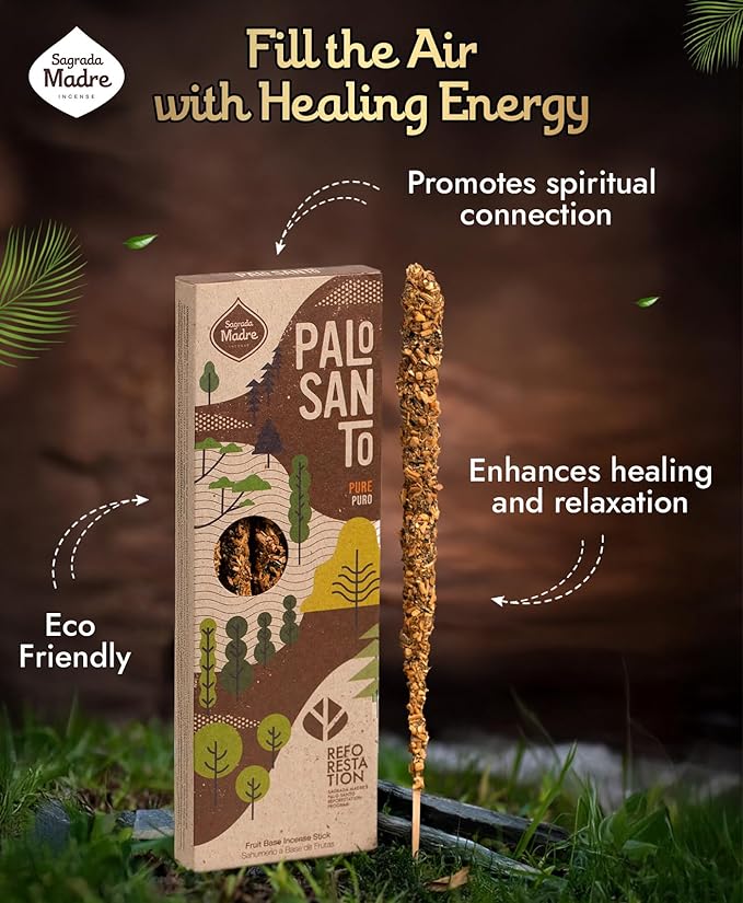 Sagrada Madre 4pcs Wildly Harvested Palo Santo Incense Sticks, 6.7” Long - Pure, Non-Toxic, Aromatic Incense Sticks (50 min Approx. Burning Time) to Heal & Calm Your Body and Environment