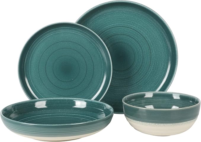 Gibson Elite Clarina 16 Piece Double Bowl Stoneware Reactive Glaze Round Plates and Bowls Dinnerware Set - Teal