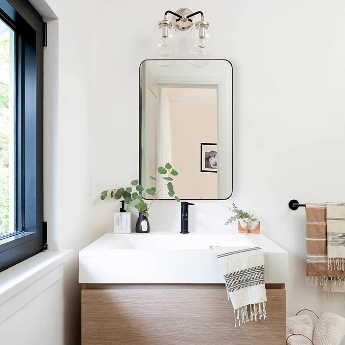 ANDY STAR Bronze Mirror for Wall, 30x36” Rounded Rectangle Bathroom Mirror, Modern Stainless Steel Metal Frame for Vanity