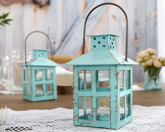 Kate Aspen, Distressed Metal Vintage Decorative Mini Lantern, Centerpiece, Party Favor, 2.5 x 2.5 x 6.5, Blue