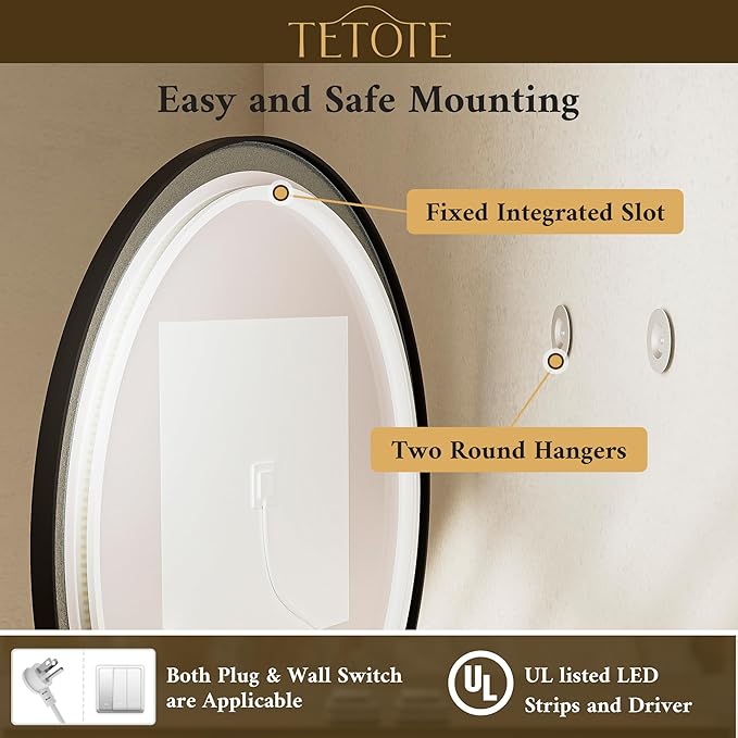 TETOTE Round Led Oil Rubbed Bronze Bathroom Mirror 24 Inch Circle Round Lighted Vanity Mirror with Lights for Bathroom Wall, 3 Color Stepless Dimmable, Anti Fog, Shatterproof, CRI 90+