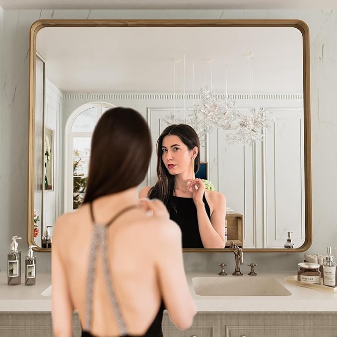 LOAAO 48X36 Inch Bathroom Mirror with Wood Grain Colored Metal Frame, Rounded Rectangle Metal Framed Bathroom Mirror, Anti-Rust, Hangs Horizontally or Vertically, Tempered Glass