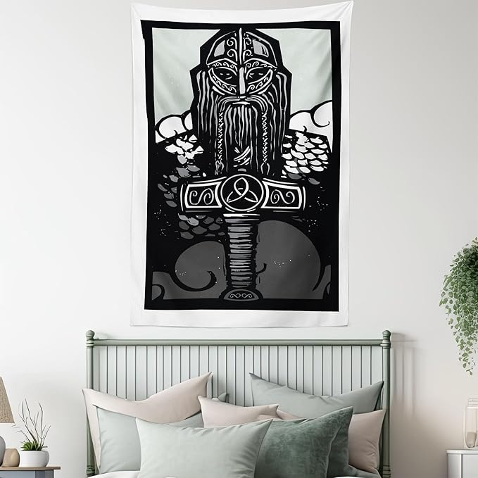 Lunarable Viking Tapestry, Thor Son of Odin Monochrome Design Guardian of Asgard Scandinavian Culture, Wall Hanging for Bedroom Living Room Dorm Decor, 40" X 60", Black White