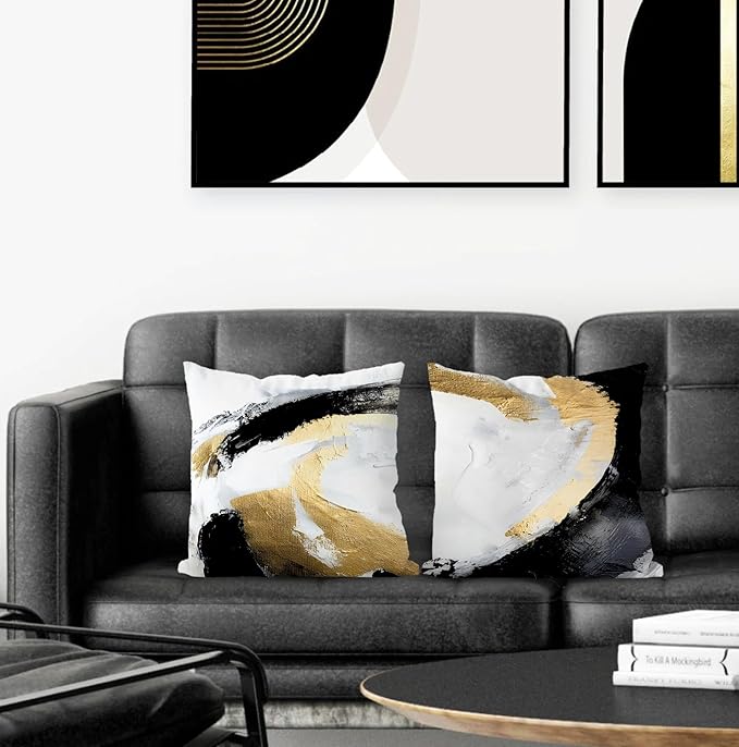 Abstract Black White and Gold Pillow Covers 16x16 Set of 2 - Modern Pillow Covers, Modern Home Decor, Black and Gold Decorative Pillows Cover for Couch Living Room Bedroom