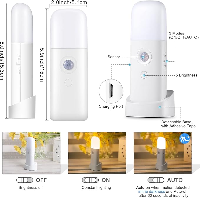 YELKO Motion Sensor Night Lights, Rechargeable nightlights Battery Operated, Dimmable Table lamp with 5 Levels Brightness Adjustable, Cordless Dimmable LED Nursery Night Lights for Home