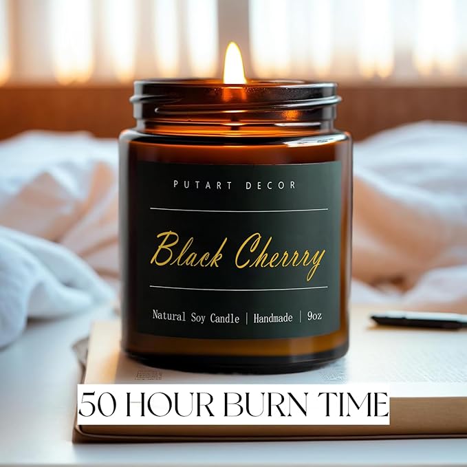 Black Cherrry Scented Candle for Home, Natural Soy Wax Aromatherapy Non Toxic Candle Gifts for Women & Men, Handmade Highly Scented & Long Lasting Jar Candle for Stress Relief (9oz)