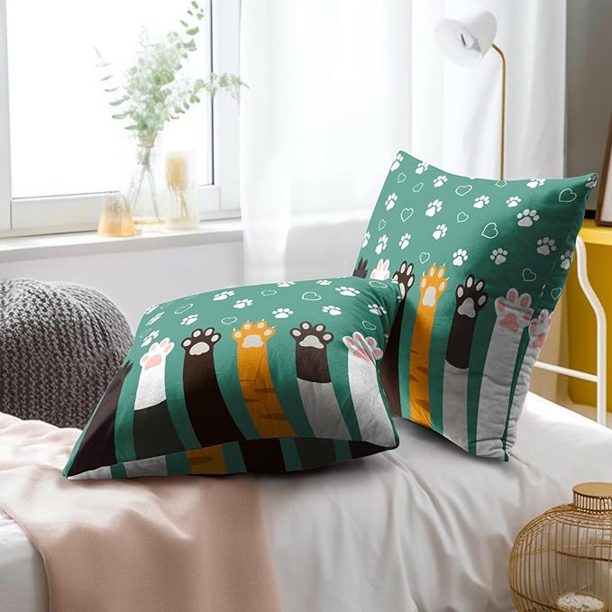 Paw Print Throw Pillow Cover - Colorful Dogs Cat Paws Pillow Covers 20x20 Inches Set of 2 Pillowcases Pet Footprint Cushion Cover for Sofa Home