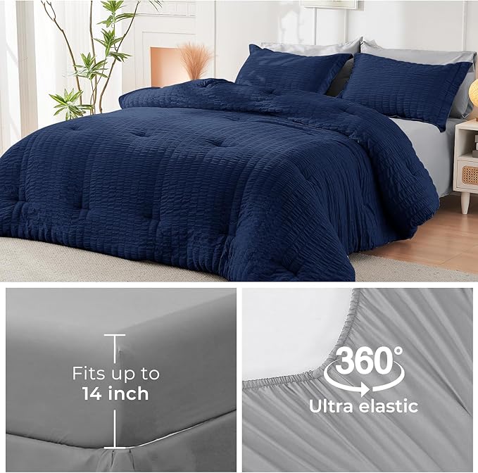 HYMOKEGE Navy Blue/Light Grey Queen Comforter Set Seersucker 7 Pieces, All Season Luxury Bed in a Bag Queen for Bedroom, Bedding Set with Comforter, Sheets, Pillowcases & Shams