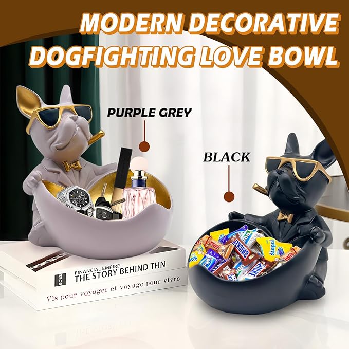 Bulldog Candy Bowl Decor, Heart-shaped Key Holder Bowl Candy Dish, Bulldog Accessories, Resin Bulldog Statue for Office Desk Home Decor Figurines Entryway Table Decor (Purple Grey)