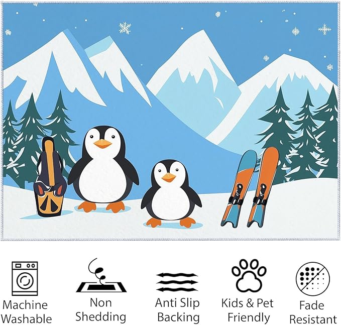 Area Rug for Living Room 6x9 ft Cartoon Penguin Snowboard Blue Washable Low Pile Rugs Indoor Non Slip Floor Rugs, Ultra Soft Faux Wool Carpet for Bedroom Dining Room Kids Room