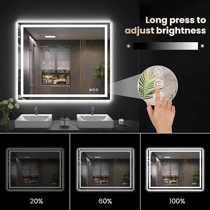 40"X32" LED Bathroom Mirror with Front Lights and Backlit, Anti-Fog, Dimmable, Shatter-Proof Tempered Glass, Lighted Bathroom Vanity Mirror for Wall with 3 Colors, Memory Function