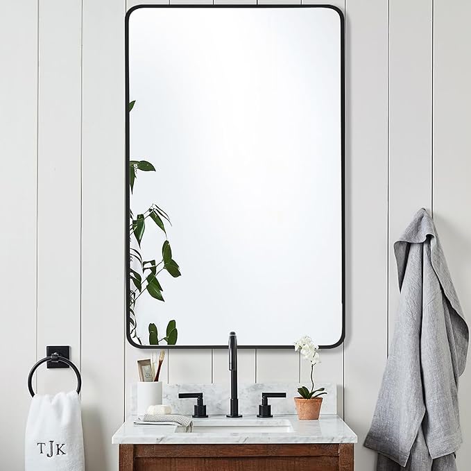 27x40 Inch Rectangle Bathroom Mirror with Black Metal Frame, Rounded Corner Rectangular Vanity Mirror for Wall, Modern Large for Bedroom, Living Room, Horizontal or Vertical