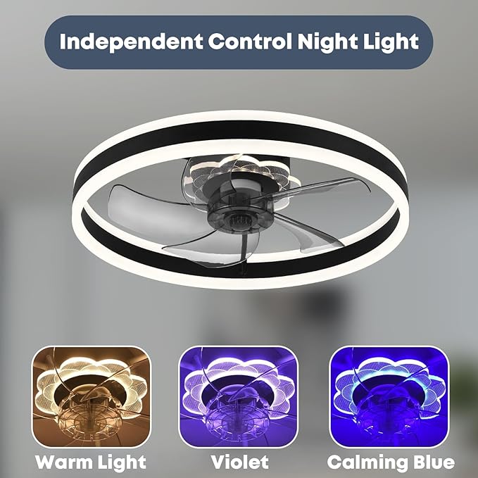 23.6'' Ceiling Fan with Light, Upgraded Low Profile Fan, Flush Mount Ceiling Fan, 6 Speeds, Dimmable LED, App & Remote Control, Quiet DC Motor, for Bedroom, Living Room, F105 Black