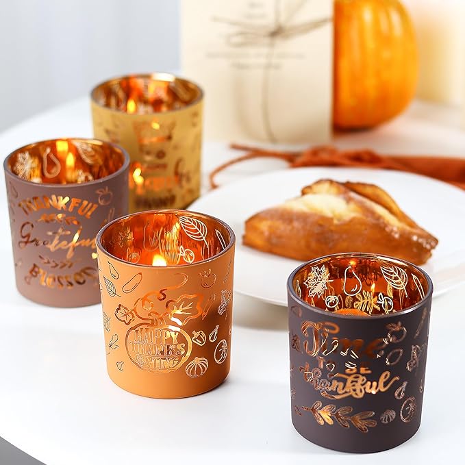 SHMILMH Glass Votive Candle Holders 4PCS Thanksgiving Tealight Candle Holders for Fall Table Centerpiece, Thanksgiving Decorations Indoor or Outdoor D閏or