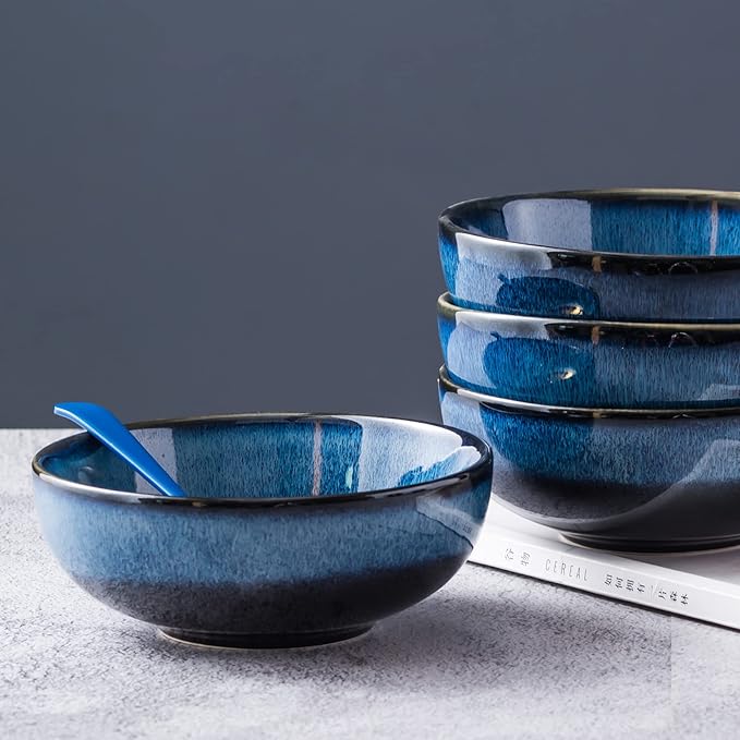 UNICASA Ceramic Pasta Bowls, Porcelain Salad Set of 4, 26 oz for Kitchen, Large Serving, Reactive Glaze Dish, Microwave and Dishwasher Safe, Blue