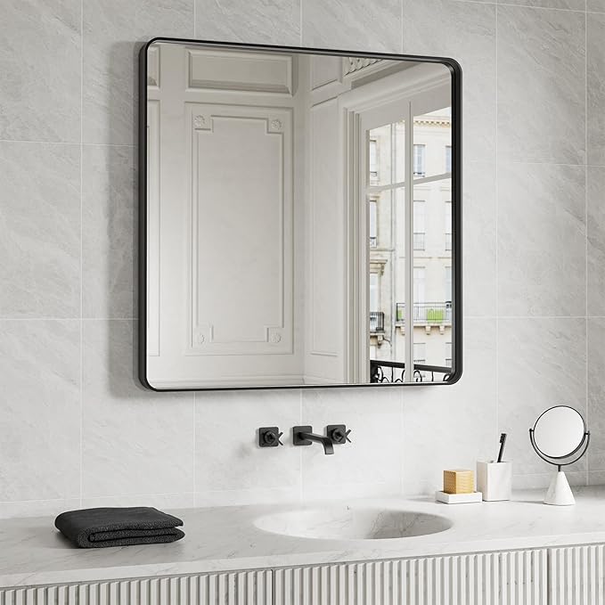 Black Bathroom Mirror 38X38 Inch, Black Metal Framed Mirror for Wall, Rounded Rectangle Matte Bathroom Vanity Mirror with Tempered Glass, Anti-Rust, Horizontal/Vertical