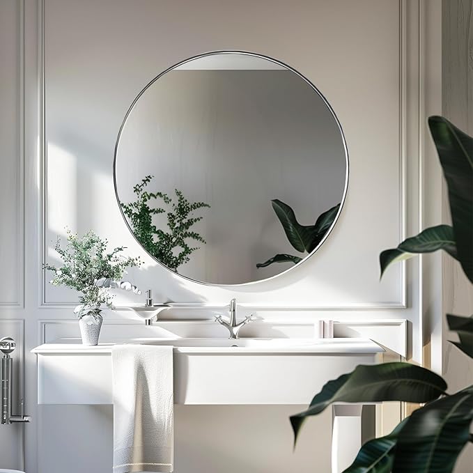Silver Round Mirror 24 inch, Circle Mirror with Metal Frame, Silver Circle Mirrors for Living Room, Bathroom, Wall, Hallway.