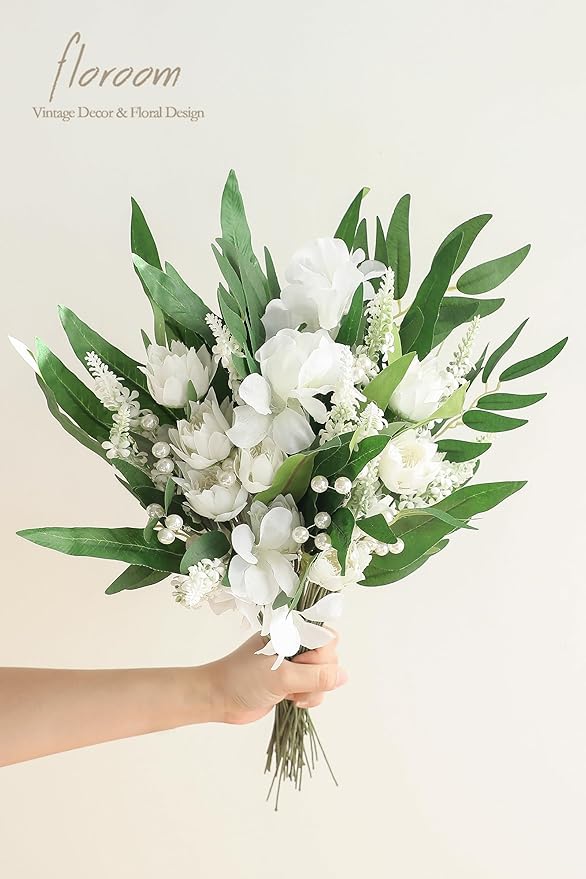 Floroom Artificial Greenery Stems Box Set, 76pcs with 6 Kinds of Faux Greenery Flowers Picks for DIY Bridal Bouquets Wedding Floral Arrangement Table Centerpieces, Green & White