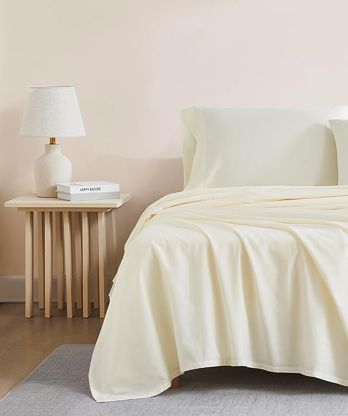 Linen Closet Organic 100% Cotton Twin XL Bed Sheet 3 Pcs Set– Fresh Ivory Crisp Percale, Deep Pocket up to 16” – Lightweight, Breathable & Naturally Cooling – Ideal for College Dorm, Soft & Comfy