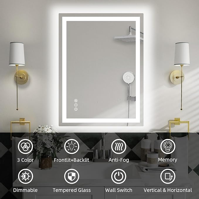 20"x 28" LED Bathroom Mirror with Front and Backlight, Stepless Dimmable Bathroom Mirrors with Anti-Fog, Lighted Bathroom Vanity Mirror for Wall, Shatter-Proof Led Mirror for Bathroom