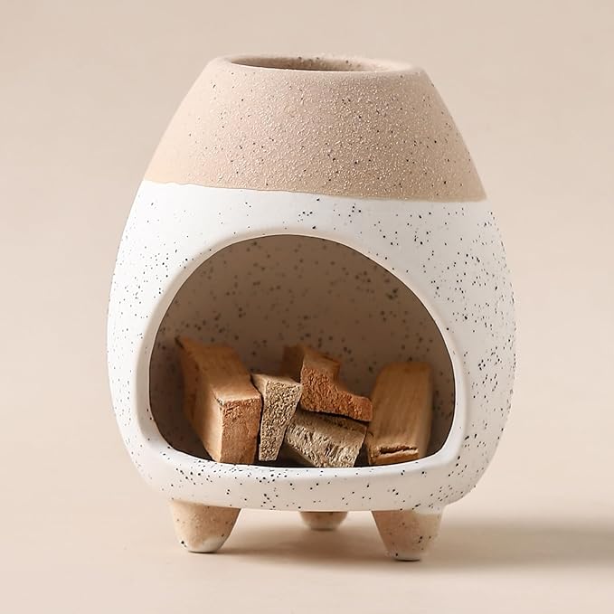 Palo Santo Holder Burner, Handcrafted Ceramic Incense Holder Burner and Ash Catcher for Palo Santo Sticks or sage Bundles, Smudge Bowl, Meditation Home Decor (White Yellow)