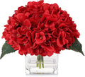 Silk Red Hydrangea Artificial Flowers in Vase with Faux Water, Faux Floral Arrangements in Vase for Home Decor, Wedding Table (Red)