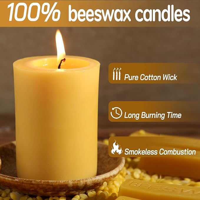 4 Packs Natural Beeswax Pillar Candles, 212 Hours Long Burning Organic Emergency Candle 2.8x4in Unscented Pillar Candles 100% Pure Bees Wax Candles for Home Paryer
