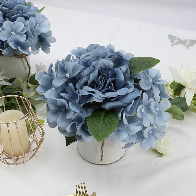 Flower Table Centerpieces - Set of 6 Floral Arrangement Artificial Wedding Hydrangeas Floral Arrangement with Rustic Metal Vase for Bridal Tea Party Event Decorations - Dusty Blue