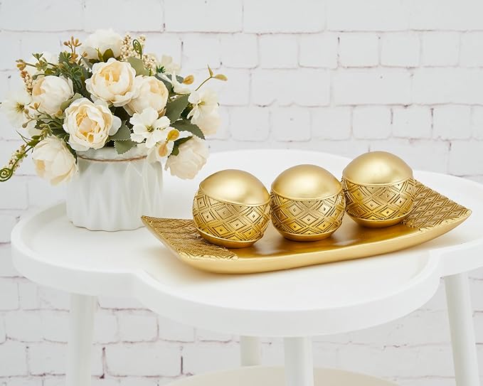 Gold Spheres Orbs Set of 3 with Tray for Centerpiece Table Decoration, Golden Accent Center Piece for Home Dining Room Table Centerpiece Decoration