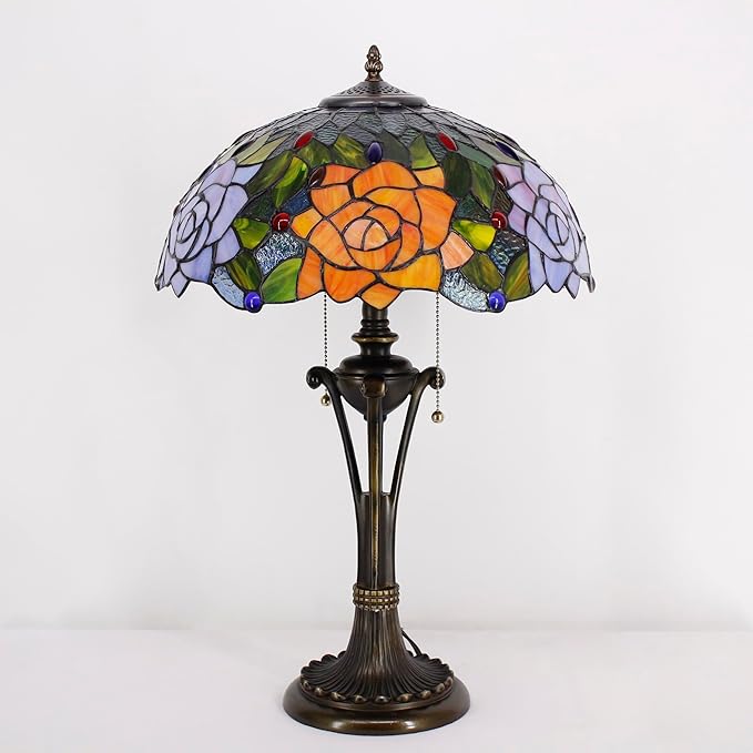 Tiffany Table Lamp Orange Purple Stained Glass Desk Lamp 16X16X24 Inches Rose Flower Style Reading Light