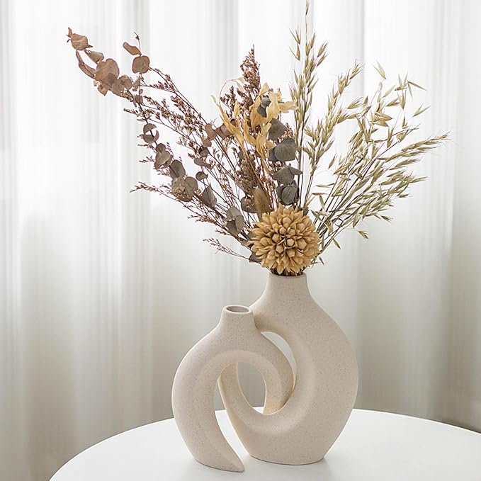 Snuggle Hollow Ceramic Vase Set of 2 for Coffee Table Decor, Donut Decorative Vases for Boho Modern Table Centerpieces Home Living Room Entryway Table Shelves Decoration (Beige W 6.3" X H 8.4")