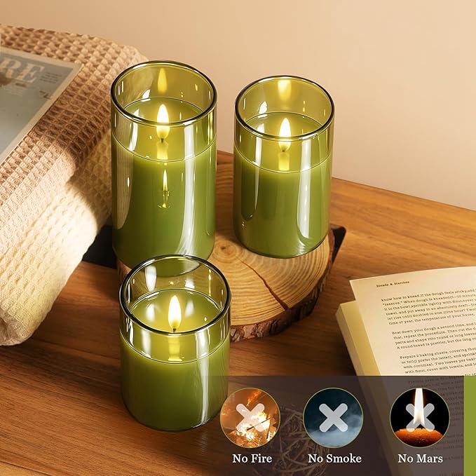 Tyawon Glass Battery Operated LED Flameless Candles with Remote and Timer, Real Wax Candles Warm Color Flickering Light for Festival Wedding Home Party Decor(Pack of 3)-Green