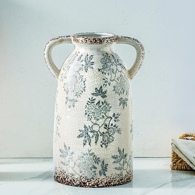Enra Tall Vintage Blue and White Ceramic Vase with Handle, 11.2 Inch Chinoiserie Decorative Floral Vase, Large Rustic Ceramic Vase for Living Room, Office, Bookshelf, Home Decor