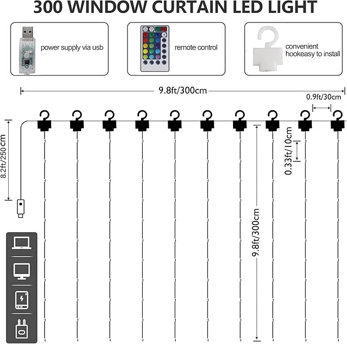 HOME LIGHTING Window Curtain String Lights, 300 LED RGB 16 Colors Changing Fairy Lights, 4 Modes with Remote, USB & Adapter Powered for Halloween Christmas Party Wedding Home Garden Wall Decorations
