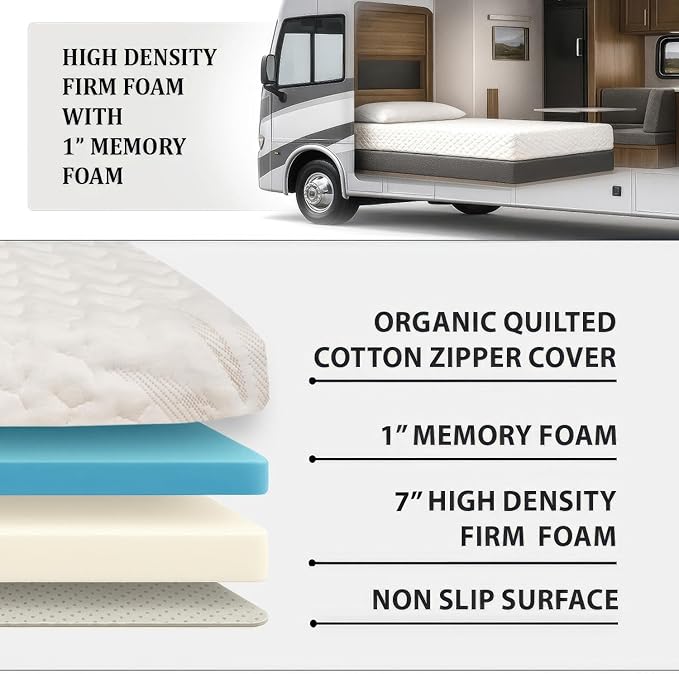 Foamma 7" x 38" x 80" Camper/RV Travel Gel Memory Foam Bunk Mattress, Organic Cotton Cover, Made in USA, Comfortable, Travel Trailer, CertiPUR-US Certified Foam