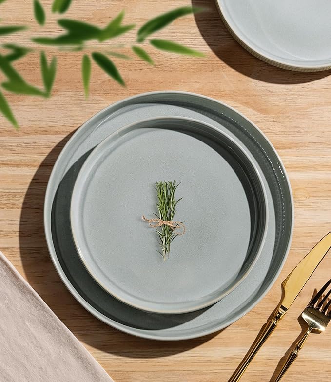 TheTerra Ceramic Dinnerware Sets for 4, 12 Pieces Porcelain Lightweight Plates and Bowls Sets, Scratch Resistant Dish Set, Oven & Microwave & Dishwasher Safe, Desert Sage
