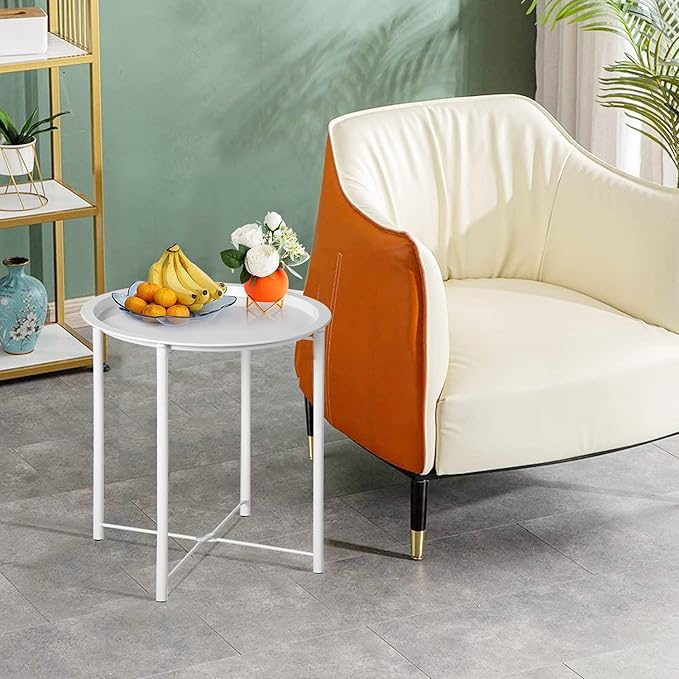VECELO Side/End Table, Folding Round Metal Anti-Rust and Waterproof Outdoor or Indoor Tray for Living Room Bedroom Balcony and Office, 2 PCS, Beige