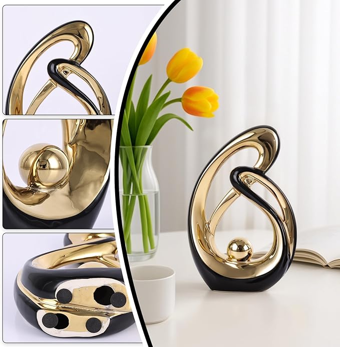 Abstract Ceramic Statue Set of 2, Black and Gold Home Decor, Modern Art Living Room Decor, Room Accessories tv cabinets Bookshelves dividers Dining Table centerpieces, Foyer Entry Decor.